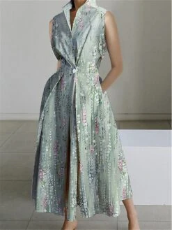 Women's Shirt Dress Casual Dress Swing Dress Maxi Long Dress Outdoor Office Daily Polyester Fashion Modern Shirt Collar Button Pocket Sleeveless Summer Spring 2023 Loose Fit Purple Green Graphic S M