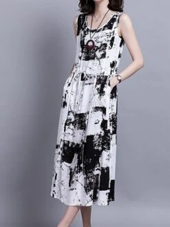 Women's Two Piece Dress Set Casual Dress Cotton Linen Dress Daily Holiday Fashion Streetwear Pocket Drawstring Midi Dress Crew Neck Long Sleeve Painting Print Loose Fit Black Dark Blue Fall Winter M -HANA Luxury Wear Shop xdelpc1694068675944