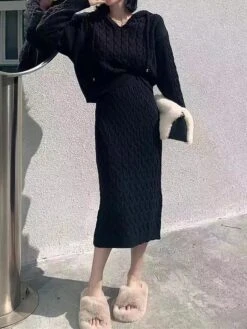 Women's Two Piece Dress Set Casual Dress Skirt Set Outdoor Daily Fashion Streetwear Patchwork Midi Dress Hooded Long Sleeve Plain Loose Fit Black Khaki Apricot Fall Winter One-Size -HANA Luxury Wear Shop xdhotb1695722091174