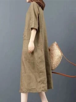 Women's Shirt Dress Casual Dress Cotton Dress Midi Dress Cotton Basic Classic Outdoor Daily Vacation Shirt Collar Button Pocket Half Sleeve Spring Fall Winter 2023 Loose Fit ArmyGreen Orange Plain S -HANA Luxury Wear Shop xdmaap1692695050204