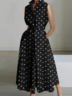 Women's Shirt Dress Casual Dress Swing Dress Maxi Long Dress Outdoor Office Daily Polyester Fashion Modern Shirt Collar Button Pocket Sleeveless Summer Spring 2023 Loose Fit Black White Polka Dot -HANA Luxury Wear Shop xdnjbm1690181382288