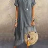 Women's Casual Dress Cotton Linen Dress A Line Dress Midi Dress Cotton Blend Basic Modern Outdoor Daily Crew Neck Ruffle Layered Short Sleeve Summer Spring 2023 Loose Fit Blue Green Gray Plain S M L -HANA Luxury Wear Shop xdrinl1683085408708