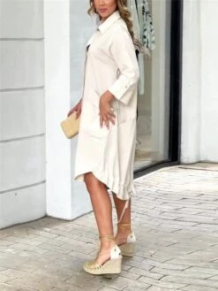 Women's Shirt Dress Casual Dress Shift Dress Midi Dress Outdoor Office Business Polyester Basic Modern Shirt Collar Button Pocket 3/4 Length Sleeve Summer Spring Fall 2023 Loose Fit White Plain S M L -HANA Luxury Wear Shop xdzuov1683540648283