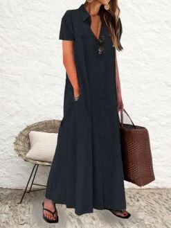 Women's Shirt Dress Casual Dress Cotton Linen Dress Maxi Long Dress Cotton Casual Daily Casual Daily Vacation Weekend Shirt Collar Button Pocket Short Sleeve Summer Spring 2023 Loose Fit Black Wine -HANA Luxury Wear Shop xefhig1689937036726