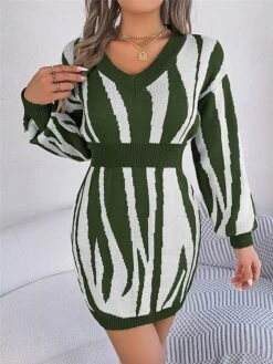 Women's Sweater Dress Winter Dress Jumper Dress Mini Dress Warm Stripe Outdoor Casual Holiday Vacation V Neck Long Sleeve Patchwork 2023 Loose Fit Green Khaki Rose Red S M L -HANA Luxury Wear Shop xfquoq1696926515056