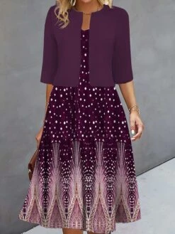 Women's Two Piece Dress Set Casual Dress Print Dress Outdoor Daily Fashion Elegant Print Midi Dress V Neck Half Sleeve Floral Geometric Regular Fit Silver Wine Navy Blue Fall Winter S M L XL XXL -HANA Luxury Wear Shop xfsdqw1693278303141