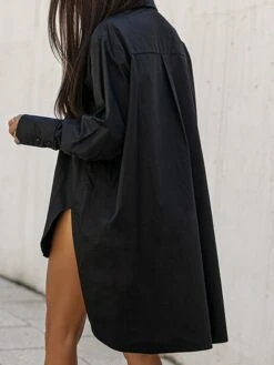 Women's Shirt Dress Casual Dress Mini Dress Outdoor Daily Vacation Cotton Fashion Modern Shirt Collar Button Split Long Sleeve Fall Winter 2023 Loose Fit Black White Blue Pure Color XS S M L XL -HANA Luxury Wear Shop xfuomt1695813916185