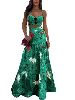Women's Dress Set Two Piece Dress Skirt Set Long Dress Maxi Dress Yellow Green Sleeveless Floral Backless Summer Spring Spaghetti Strap Vacation 2023 S M L XL XXL 3XL -HANA Luxury Wear Shop xfxrqh1645342494453