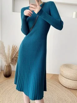 Women's Sweater Dress Jumper Dress Casual Dress Midi Dress Fashion Pure Color Outdoor Daily Going Out Crew Neck Long Sleeve 2023 Slim Black Blue Apricot One Size -HANA Luxury Wear Shop xgqfmj1696670406983