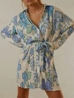 Women's Shirt Dress Casual Dress Mini Dress Outdoor Daily Vacation Polyester Fashion Modern Shirt Collar Lace Up Button Long Sleeve Spring Fall 2023 Loose Fit ArmyGreen Black Dark Pink Floral Pure -HANA Luxury Wear Shop xhdliw1693226787574