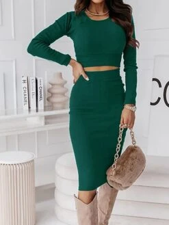 Women's Two Piece Dress Set Casual Dress Skirt Set Outdoor Daily Fashion Sexy Ribbed Midi Dress Crew Neck Long Sleeve Plain Regular Fit Black Wine Green Fall Winter S M L XL -HANA Luxury Wear Shop xhthfo1695268231547