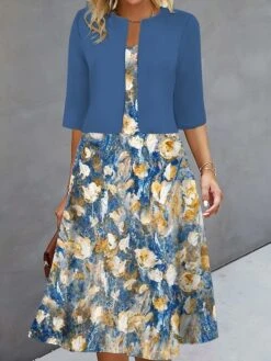 Women's Two Piece Dress Set Casual Dress Print Dress Outdoor Daily Fashion Elegant Print Midi Dress V Neck Half Sleeve Floral Regular Fit Royal Blue Blue Fuchsia Fall Winter S M L XL XXL -HANA Luxury Wear Shop xidkjg1693294077347