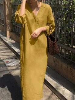 Women's Casual Dress Cotton Linen Dress Shift Dress Maxi Long Dress Linen / Cotton Blend Fashion Modern Outdoor Daily Vacation V Neck Button Long Sleeve Fall Winter Autumn 2023 Loose Fit Black Yellow -HANA Luxury Wear Shop xikmzl1691143980574