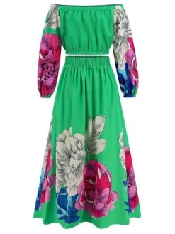 Women's Two Piece Dress Set Casual Dress Skirt Set Daily Going Out Casual Ruched Print Long Dress Maxi Dress Off Shoulder Long Sleeve Floral Regular Fit Blue Green Rose Red Fall Winter S M L XL XXL -HANA Luxury Wear Shop xipjnb1692339434139