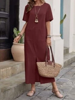 Women's Casual Dress Cotton Linen Dress Shift Dress Midi Dress Cotton Blend Fashion Classic Outdoor Daily Vacation Crew Neck Pocket Split Short Sleeve Summer Spring 2023 Loose Fit ArmyGreen Wine Navy -HANA Luxury Wear Shop xjhvlg1686883747786