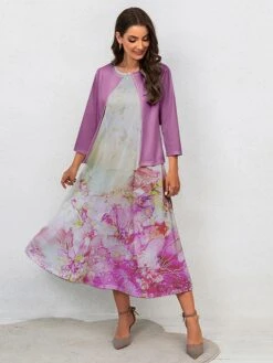 Women's Two Piece Dress Set Casual Dress Swing Dress Outdoor Office Fashion Streetwear Print Midi Dress Crew Neck 3/4 Length Sleeve Floral Ombre Regular Fit Pink Blue Purple Fall Winter S M L XL XXL -HANA Luxury Wear Shop xjuglx1697681155290
