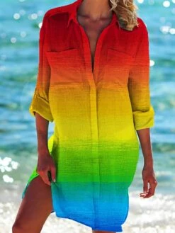 Women's Shirt Dress Casual Dress Shift Dress Mini Dress Daily Holiday Polyester Vacation Hot Shirt Collar Print Long Sleeve Summer Fall Spring 2023 Loose Fit Red Blue Green Rainbow Print -HANA Luxury Wear Shop xjurot1652165445686