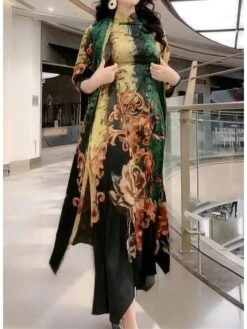 Women's Two Piece Dress Set Casual Dress Swing Dress Daily Holiday Fashion Casual Print Long Dress Maxi Dress Crew Neck 3/4 Length Sleeve Leaf Floral Loose Fit Yellow Red Dark Green Summer Spring M L -HANA Luxury Wear Shop xkgnqx1691464038307