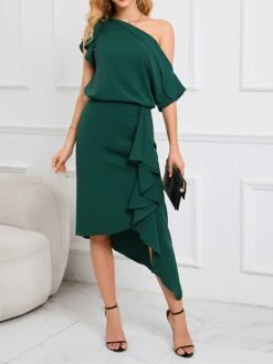 Women's Two Piece Dress Set Party Dress Skirt Set Party Outdoor Fashion Party Ruffle Asymmetrical Midi Dress Off Shoulder Half Sleeve Plain Loose Fit Green Spring Fall S M L XL XXL -HANA Luxury Wear Shop xlzvzb1692339650030
