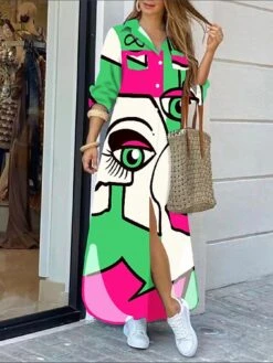 Women's Shirt Dress Casual Dress Maxi Long Dress Outdoor Daily Polyester Fashion Hot Shirt Collar Button Print Long Sleeve Summer Spring Fall 2023 Regular Fit ArmyGreen Black Pink Geometric Abstract -HANA Luxury Wear Shop xmoyoo1689054964931
