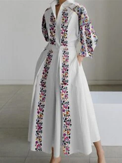 Women's Shirt Dress Casual Dress Swing Dress Maxi Long Dress Outdoor Daily Vacation Polyester Fashion Modern Shirt Collar Button Pocket Long Sleeve Summer Spring Fall 2023 Loose Fit Black White Floral