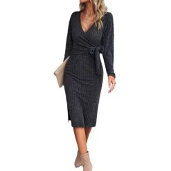 Women's Sweater Dress Winter Dress Jumper Dress Midi Dress Lace Up Daily Date Going Out Fashion Basic V Neck Long Sleeve 2023 Slim Green Dark Grey Beige Color S M L XL Size -HANA Luxury Wear Shop xnlogv1697696840410