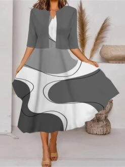 Women's Two Piece Dress Set Casual Dress Tank Dress Outdoor Daily Fashion Streetwear Pocket Print Midi Dress V Neck 3/4 Length Sleeve Geometric Color Block Regular Fit Black White Blue Spring Fall S -HANA Luxury Wear Shop xnogqc1690857630575