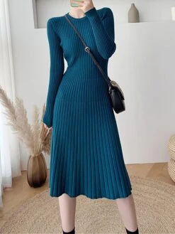 Women's Sweater Dress Jumper Dress Casual Dress Midi Dress Fashion Pure Color Outdoor Daily Going Out Crew Neck Long Sleeve 2023 Slim Black Blue Apricot One Size -HANA Luxury Wear Shop xnymda1696670406008