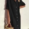 Women's Shirt Dress Casual Dress Midi Dress Daily Cotton Casual Shirt Collar Button Short Sleeve Summer Spring Fall 2023 Loose Fit ArmyGreen Black Red Plain XS S M L XL -HANA Luxury Wear Shop xozgez1686205878773
