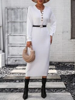 Women's Sweater Dress Winter Dress Jumper Dress Midi Dress Button Daily Date Going Out Fashion Basic Crew Neck Long Sleeve 2023 Loose Fit Black White Purple Color S M L XL Size -HANA Luxury Wear Shop xpuffq1691991568153