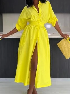 Women's Shirt Dress Casual Dress Swing Dress Midi Dress Outdoor Daily Vacation Polyester Fashion Casual Shirt Collar Patchwork Button Long Sleeve Fall Winter 2023 Loose Fit Yellow Pink Plain S M L XL -HANA Luxury Wear Shop xqvaaf1697526634860