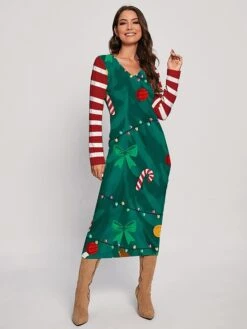 Women's Christmas Dress Sweater Dress Jumper Dress Midi Dress Ugly Stripe Outdoor Christmas Daily Holiday V Neck Long Sleeve 2023 Regular Fit Wine Green S M L XL XXL 3XL