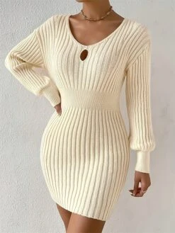 Women's Sweater Dress Jumper Dress Casual Dress Mini Dress Warm Pure Color Outdoor Casual Daily Holiday V Neck Long Sleeve Cut Out 2023 Regular Fit Beige XL XXL 3XL -HANA Luxury Wear Shop xrhgpz1695643725798
