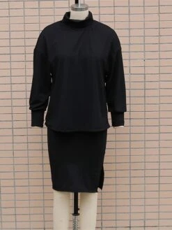 Women's Two Piece Dress Set Casual Dress Skirt Set Outdoor Daily Fashion Streetwear Split Ribbed Midi Dress Turtleneck Long Sleeve Plain Loose Fit Black Brown Beige Fall Winter S M L XL -HANA Luxury Wear Shop xrunsa1694596425352