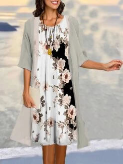 Women's Two Piece Dress Set Casual Dress Daily Vacation Modern Casual Print Midi Dress Crew Neck Half Sleeve Graphic Floral Loose Fit Sky Blue Brown Gray Summer Spring S M L XL XXL -HANA Luxury Wear Shop xsaaqa1678430377331