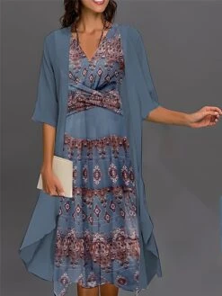 Women's Two Piece Dress Set Casual Dress Chiffon Dress Outdoor Daily Vintage Ethnic Knot Front Print Midi Dress V Neck 3/4 Length Sleeve Floral Tribal Regular Fit Black Blue Purple Fall Winter S M L -HANA Luxury Wear Shop xsdymd1693534945940