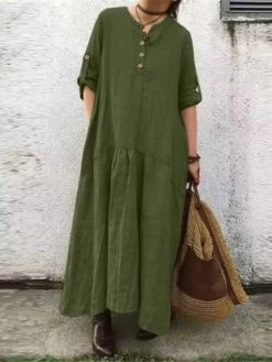 Women's Casual Dress Cotton Linen Dress Black Dress Maxi Long Dress Cotton Blend Basic Casual Outdoor Daily V Neck Button Pocket Long Sleeve Summer Spring Fall 2023 Loose Fit ArmyGreen Navy Blue Khaki -HANA Luxury Wear Shop xshgzo1678778566352