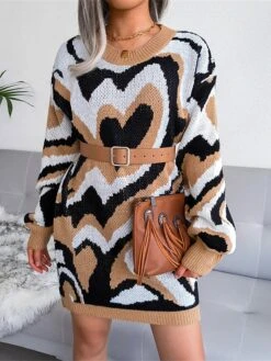 Women's Sweater Dress Jumper Dress Casual Dress Mini Dress Fashion Color Block Heart Outdoor Daily Vacation Going Out Crew Neck Long Sleeve 2023 Loose Fit Black Brown Khaki S M L -HANA Luxury Wear Shop xspxoy1694756606211