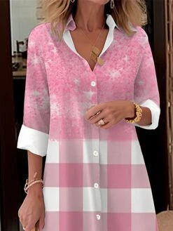 Women's Shirt Dress Casual Dress Midi Dress Outdoor Office Daily Polyester Fashion Modern Shirt Collar Button Pocket Long Sleeve Fall Winter 2023 Loose Fit Pink Sky Blue Orange Plaid Ombre S M L XL -HANA Luxury Wear Shop xtsuds1693904667364