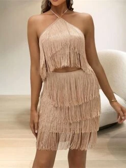 Women's Two Piece Dress Set Party Dress Skirt Set Party Holiday Fashion Party Tassel Fringe Backless Mini Dress Halter Neck Sleeveless Plain Slim Khaki Spring Fall S M L -HANA Luxury Wear Shop xttxxr1692945866751