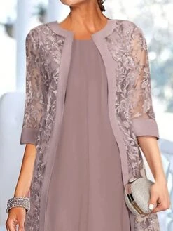 Women's Two Piece Dress Set Party Dress Lace Dress Party Wedding Guest Fashion Elegant Lace Patchwork Midi Dress Crew Neck 3/4 Length Sleeve Plain Regular Fit Light Purple Fall Winter S M L XL XXL -HANA Luxury Wear Shop xtyhiv1696734116597