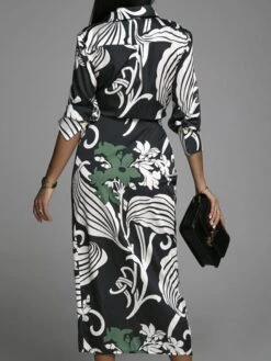 Women's Shirt Dress Work Dress Formal Dress Maxi Long Dress Daily Sports Date Polyester Fashion Elegant V Neck Tie Belt Print Long Sleeve Summer Spring Fall 2023 Regular Fit Blue Green Print Flower -HANA Luxury Wear Shop xtyrre1646821186511