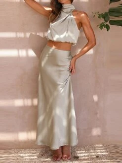 Women's Two Piece Dress Set Casual Dress Skirt Set Daily Holiday Fashion Sexy Ruched Long Dress Maxi Dress Stand Collar Sleeveless Plain Regular Fit Black White Light Green Summer Spring S M L XL -HANA Luxury Wear Shop xuffyk1690857202584