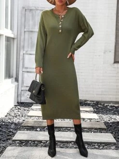 Women's Sweater Dress Winter Dress Jumper Dress Midi Dress Button Daily Date Going Out Fashion Basic Crew Neck Long Sleeve 2023 Loose Fit Black White Purple Color S M L XL Size -HANA Luxury Wear Shop xufsee1691991573271