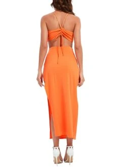 Women's Two Piece Dress Set Casual Dress Skirt Set Daily Holiday Sexy Casual Backless Drawstring Long Dress Maxi Dress Halter Neck Sleeveless Plain Slim Purple Orange Green Summer S M L -HANA Luxury Wear Shop xuuqmm1694426844125