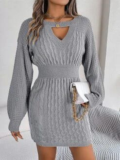 Women's Sweater Dress Jumper Dress Casual Dress Mini Dress Fashion Pure Color Outdoor Daily Going Out Crew Neck Long Sleeve Cut Out 2023 Loose Fit Wine Khaki Gray S M L -HANA Luxury Wear Shop xvyhli1695643848820