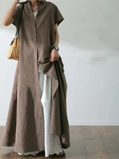 Women's Shirt Dress Casual Dress Swing Dress Maxi Long Dress Outdoor Daily Date Polyester Fashion Modern Shirt Collar Button Short Sleeve Fall 2023 Loose Fit ArmyGreen Blue Brown Plain S M L XL -HANA Luxury Wear Shop xwevrt1693451928040