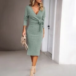 Women's Sweater Dress Winter Dress Jumper Dress Midi Dress Lace Up Daily Date Going Out Fashion Basic V Neck Long Sleeve 2023 Slim Green Dark Grey Beige Color S M L XL Size -HANA Luxury Wear Shop xwidry1697696854023