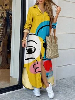 Women's Shirt Dress Casual Dress Shift Dress Maxi Long Dress Outdoor Daily Vacation Polyester Fashion Modern Shirt Collar Button Split Long Sleeve Summer Spring Fall 2023 Regular Fit White Yellow Red -HANA Luxury Wear Shop xwkfcg1691045292820