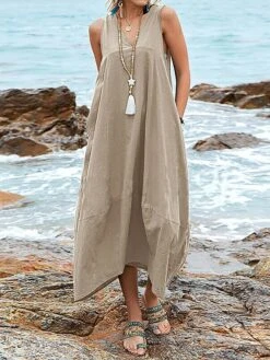Women's Casual Dress Cotton Dress Swing Dress Maxi Long Dress Cotton Blend Basic Classic Outdoor Daily V Neck Pocket Sleeveless Summer Spring 2023 Regular Fit Black Wine Khaki Plain S M L XL 2XL -HANA Luxury Wear Shop xwrqym1686713208712